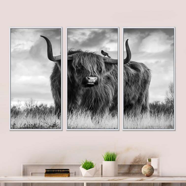 Foundry Select Longhaired Scottish Bull Framed On Canvas 3 Pieces Print